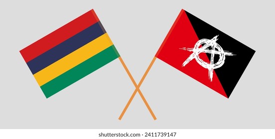 Crossed flags of Mauritius and anarchy. Official colors. Correct proportion. Vector illustration
