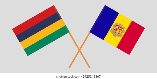 Crossed flags of Mauritius and Andorra. Official colors. Correct proportion. Vector illustration
