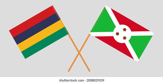 Crossed flags of Mauritius and Burundi. Official colors. Correct proportion
