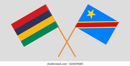 Crossed flags of Mauritius and Democratic Republic of the Congo. Official colors. Correct proportion. Vector illustration

