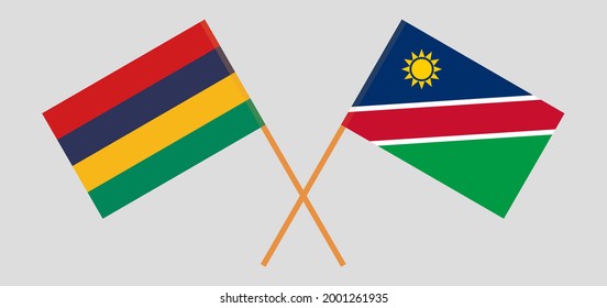Crossed flags of Mauritius and Namibia. Official colors. Correct proportion