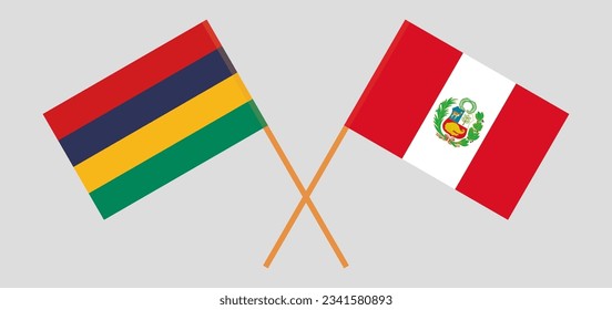 Crossed flags of Mauritius and Peru. Official colors. Correct proportion. Vector illustration
