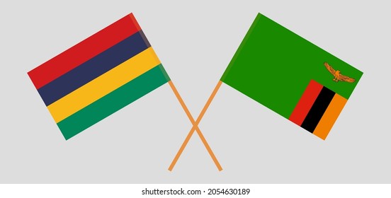 Crossed flags of Mauritius and the Republic of Zambia. Official colors. Correct proportion
