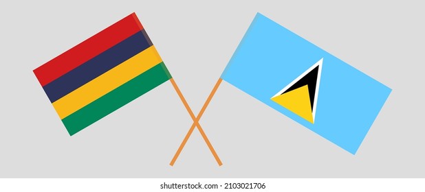 Crossed flags of Mauritius and Saint Lucia. Official colors. Correct proportion. Vector illustration
