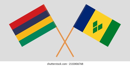 Crossed flags of Mauritius and Saint Vincent and the Grenadines. Official colors. Correct proportion. Vector illustration
