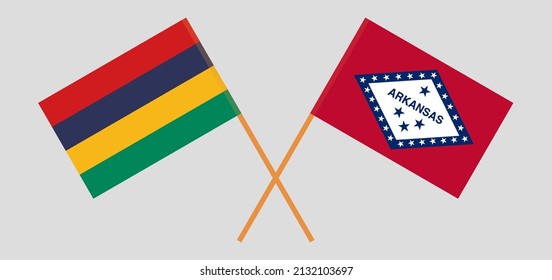 Überquerte Flaggen von Mauritius und dem Staat Arkansas. Offizielle Farben. Richtiger Anteil. Vektorgrafik
