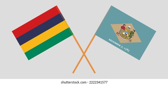 Crossed flags of Mauritius and The State of Delaware. Official colors. Correct proportion. Vector illustration
