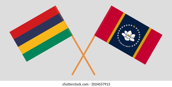 Crossed flags of Mauritius and the State of Mississippi. Official colors. Correct proportion