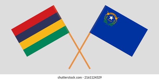 Crossed flags of Mauritius and The State of Nevada. Official colors. Correct proportion. Vector illustration

