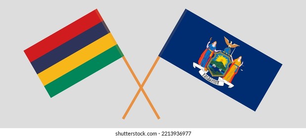Crossed flags of Mauritius and The State of New York. Official colors. Correct proportion. Vector illustration
