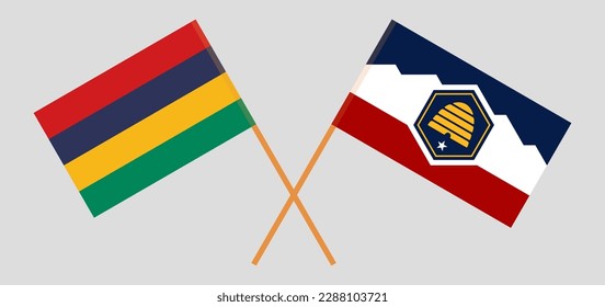 Crossed flags of Mauritius and The State of Utah. Official colors. Correct proportion. Vector illustration
