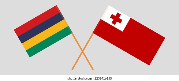 Crossed flags of Mauritius and Tonga. Official colors. Correct proportion. Vector illustration

