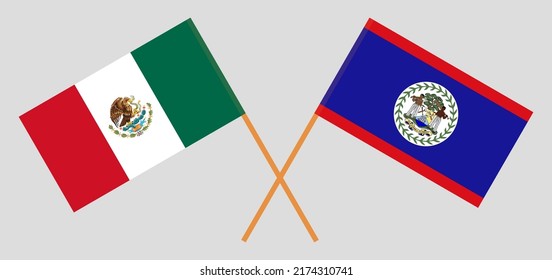 Banderas cruzadas de México y Belice. Colores oficiales. Proporción correcta. Ilustración del vector