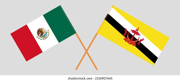 Crossed flags of Mexico and Brunei. Official colors. Correct proportion. Vector illustration

