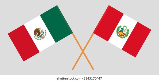 Crossed flags of Mexico and Peru. Official colors. Correct proportion. Vector illustration

