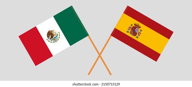 Crossed flags of Mexico and Spain. Official colors. Correct proportion. Vector illustration
