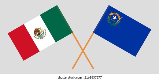 Crossed flags of Mexico and The State of Nevada. Official colors. Correct proportion. Vector illustration
