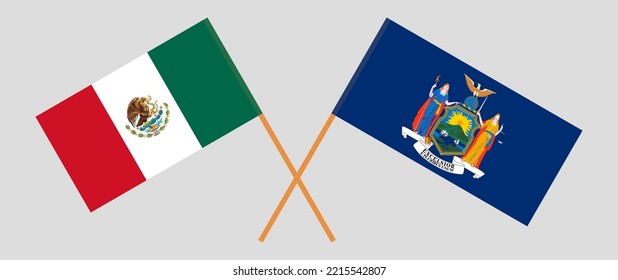 Crossed flags of Mexico and The State of New York. Official colors. Correct proportion. Vector illustration
