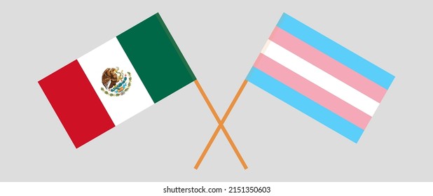 Crossed flags of Mexico and Transgender Pride. Official colors. Correct proportion. Vector illustration
