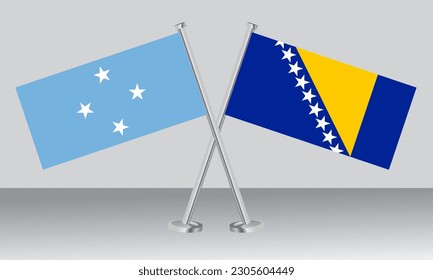Crossed flags of Micronesia and Bosnia and Herzegovina. Official colors. Correct proportion. Banner design