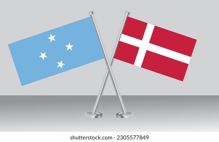 Gekreuzte Flaggen von Mikronesien und Dänemark. Offizielle Farben. Richtiger Anteil. Banner-Design