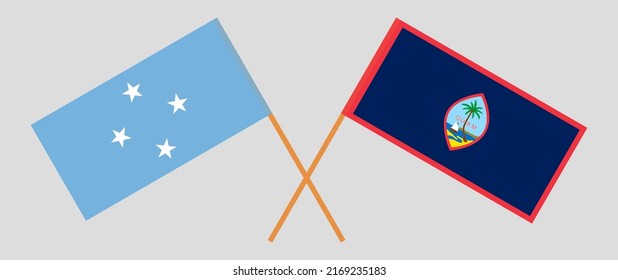 Gekreuzte Flaggen von Mikronesien und Guam. Offizielle Farben. Richtiger Anteil. Vektorgrafik
