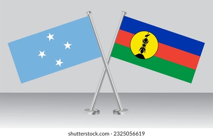 Crossed flags of Micronesia and New Caledonia. Official colors. Correct proportion. Banner design
