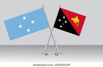 Banderas cruzadas de Micronesia y Papúa Nueva Guinea. Colores oficiales. Proporción correcta. Diseño de pancartas
