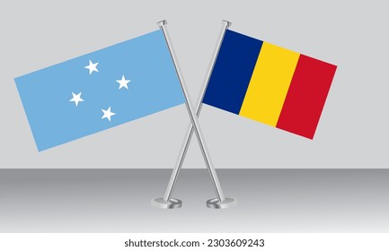 Crossed flags of Micronesia and Romania. Official colors. Correct proportion. Banner design