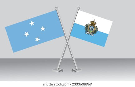 Crossed flags of Micronesia and San Marino. Official colors. Correct proportion. Banner design