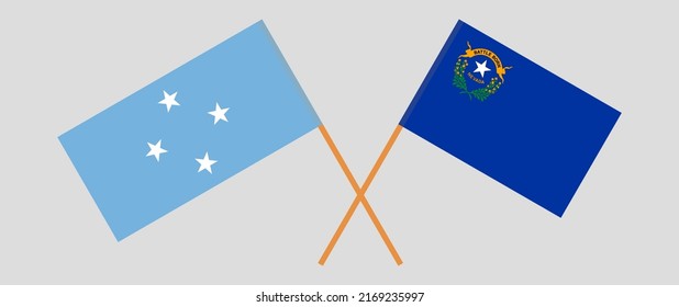 Crossed flags of Micronesia and The State of Nevada. Official colors. Correct proportion. Vector illustration
