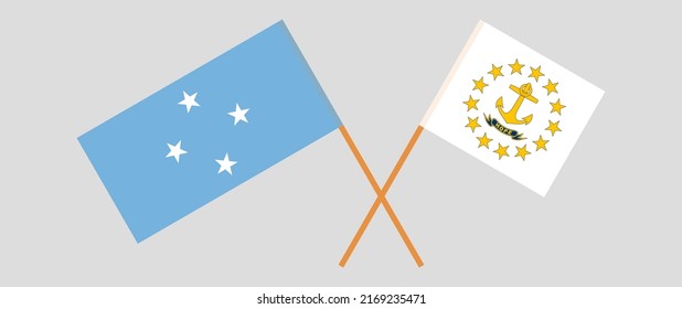 Überquerte Flaggen von Mikronesien und dem Staat Rhode Island. Offizielle Farben. Richtiger Anteil. Vektorgrafik
