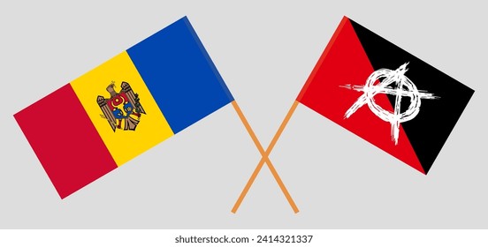 Crossed flags of Moldova and anarchy. Official colors. Correct proportion. Vector illustration
