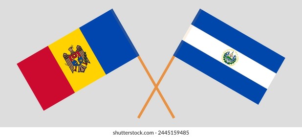 Crossed flags of Moldova and El Salvador. Official colors. Correct proportion. Vector illustration
