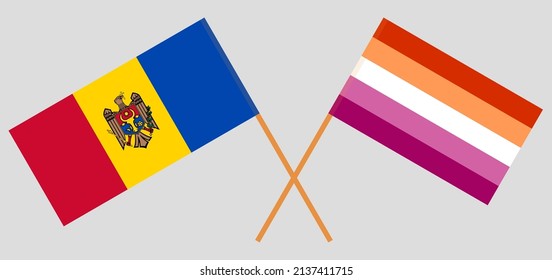 Crossed flags of Moldova and Lesbian Pride. Official colors. Correct proportion. Vector illustration
