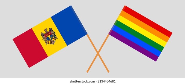 Crossed flags of Moldova and LGBTQ. Official colors. Correct proportion. Vector illustration
