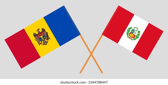 Crossed flags of Moldova and Peru. Official colors. Correct proportion. Vector illustration
