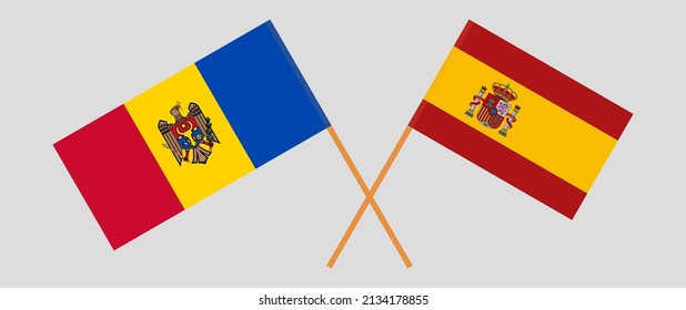 Banderas cruzadas de Moldavia y España. Colores oficiales. Proporción correcta. Ilustración del vector
