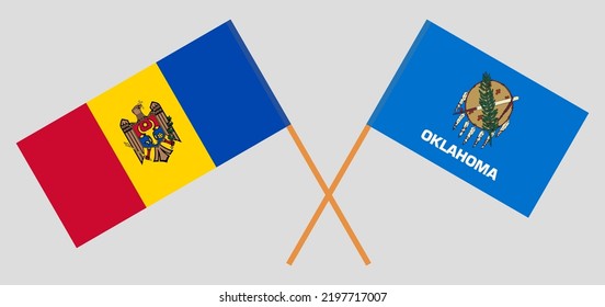 Banderas cruzadas de Moldavia y el estado de Oklahoma. Colores oficiales. Proporción correcta. Ilustración del vector
