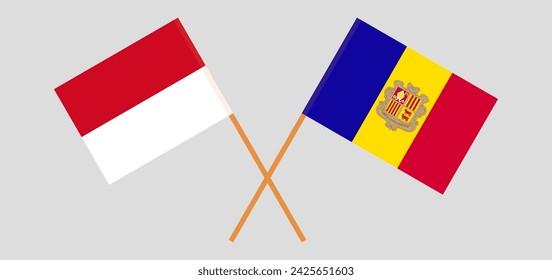 Crossed flags of Monaco and Andorra. Official colors. Correct proportion. Vector illustration
