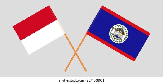 Crossed flags of Monaco and Belize. Official colors. Correct proportion. Vector illustration