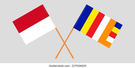 Crossed flags of Monaco and Buddhism. Official colors. Correct proportion. Vector illustration
