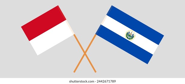 Crossed flags of Monaco and El Salvador. Official colors. Correct proportion. Vector illustration
