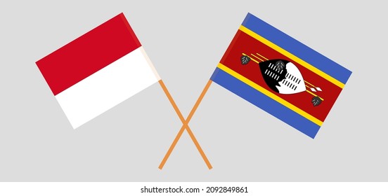 Crossed flags of Monaco and Eswatini. Official colors. Correct proportion. Vector illustration

