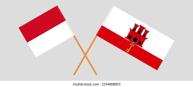 Crossed flags of Monaco and Gibraltar. Official colors. Correct proportion. Vector illustration
