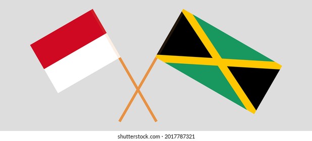 Crossed flags of Monaco and Jamaica. Official colors. Correct proportion