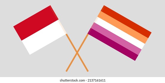 Crossed flags of Monaco and Lesbian Pride. Official colors. Correct proportion. Vector illustration
