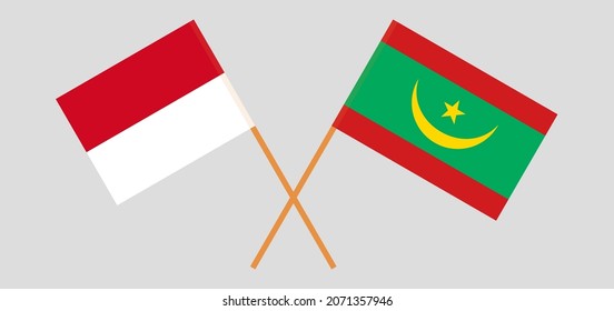 Crossed flags of Monaco and Mauritania. Official colors. Correct proportion
