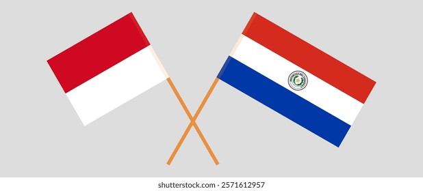 Crossed flags of Monaco and Republic of Paraguay. Official colors. Correct proportion. Vector illustration.
