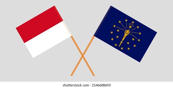 Crossed flags of Monaco and the State of Indiana. Official colors. Correct proportion. Vector illustration
